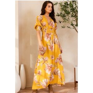 703 • Marigold Pink Green Rayon Painterly Floral Print Open Tie Back Long Dress